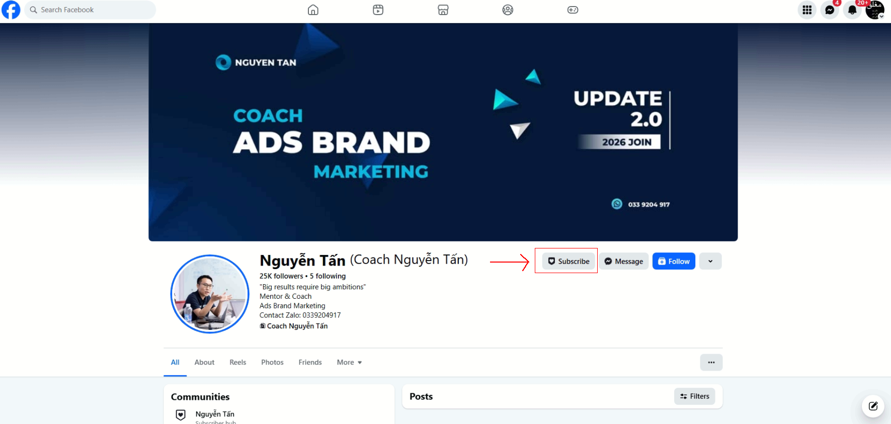 Hướng dẫn bấm nút đăng ký trên trang cá nhân Facebook Nguyễn Tấn